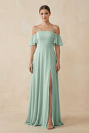 Sage Off-the-Shoulder A-Line Chiffon Bridesmaid Dress | KISSBRIDAL