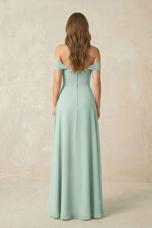 Sage Off-the-Shoulder A-Line Chiffon Pleated Bridesmaid Dress (2) | KISSBRIDAL