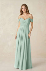 Sage Off-the-Shoulder A-Line Chiffon Pleated Bridesmaid Dress | KISSBRIDAL