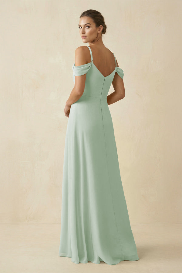 Sage Off-the-Shoulder A-Line Pleated Chiffon Bridesmaid Gown (2) | KISSBRIDAL