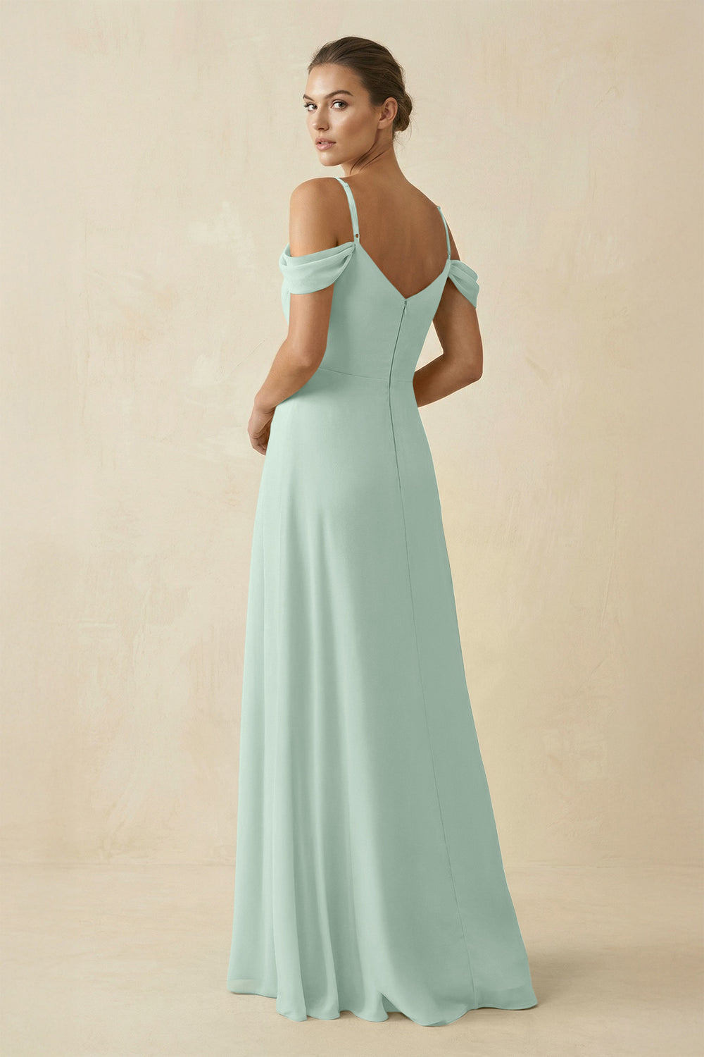 Off-the-Shoulder A-Line Pleated Chiffon Bridesmaid Gown in Sage