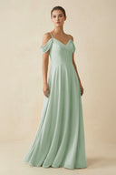 Sage Off-the-Shoulder A-Line Pleated Chiffon Bridesmaid Gown | KISSBRIDAL