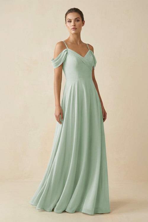 Sage Off-the-Shoulder A-Line Pleated Chiffon Bridesmaid Gown | KISSBRIDAL