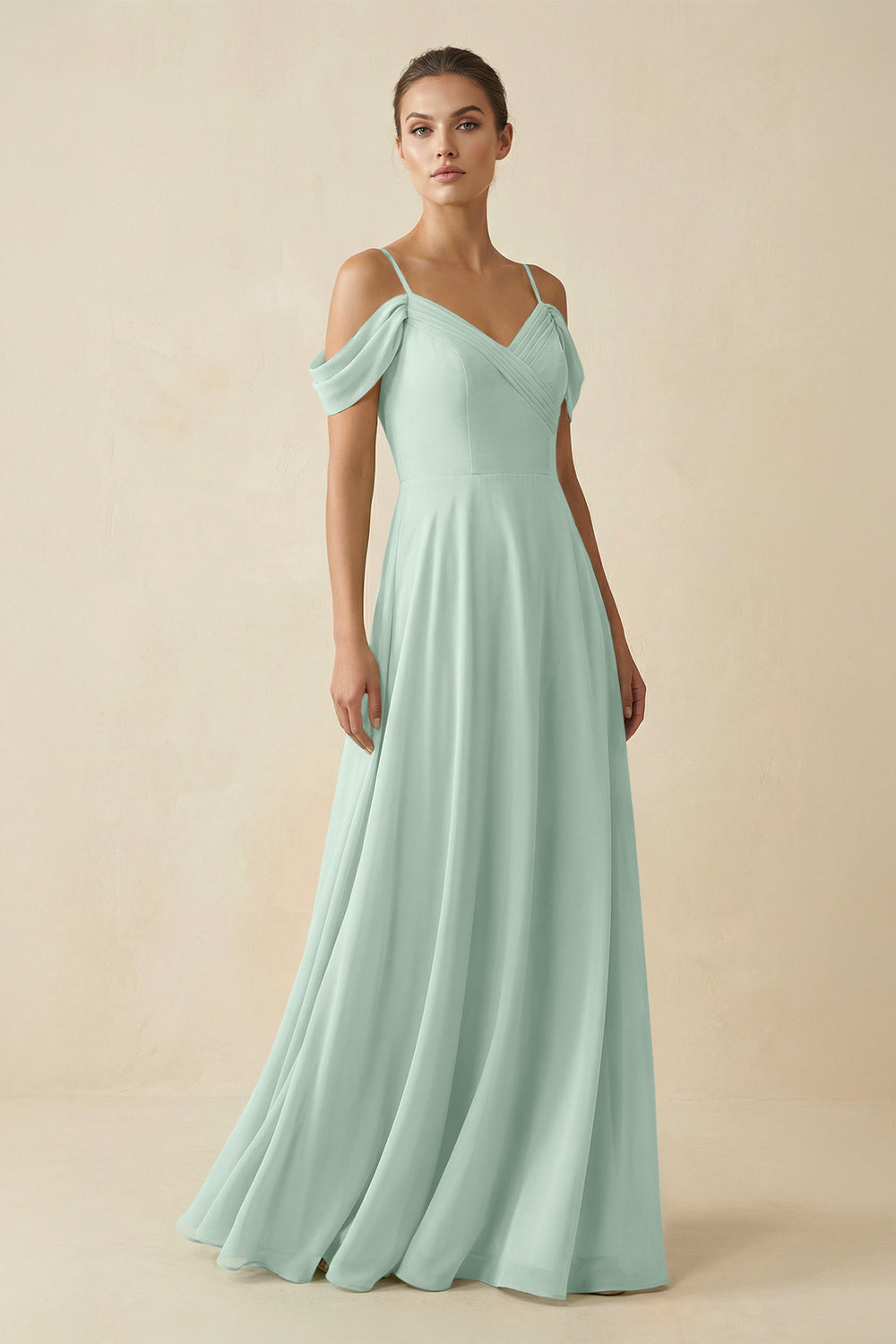 Off-the-Shoulder A-Line Pleated Chiffon Bridesmaid Gown in Sage