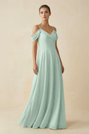 Sage Off-the-Shoulder A-Line Pleated Chiffon Bridesmaid Gown | KISSBRIDAL