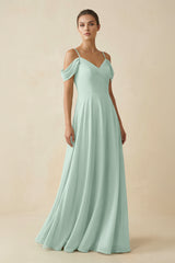 Sage Off-the-Shoulder A-Line Pleated Chiffon Bridesmaid Gown | KISSBRIDAL