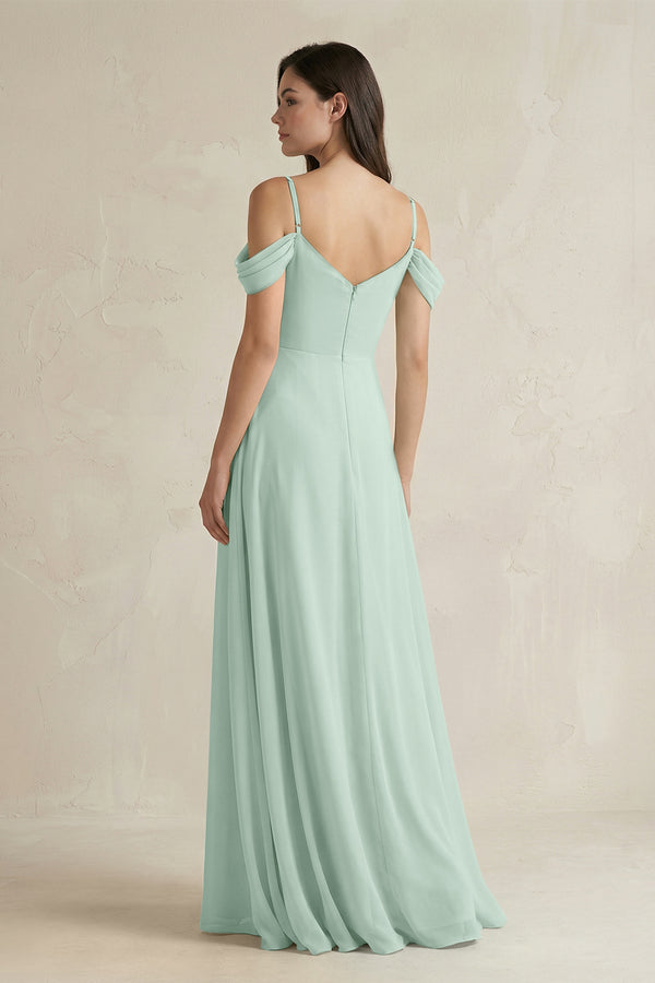 Sage Off-the-Shoulder Chiffon A-Line Bridesmaid Dress (2) | KISSBRIDAL