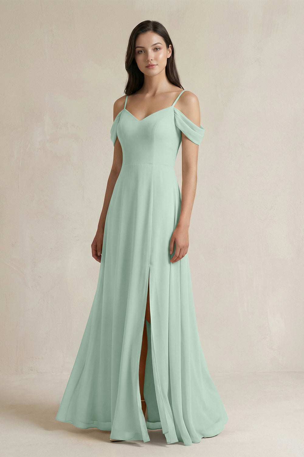Off-the-Shoulder Chiffon A-Line Bridesmaid Dress in Sage