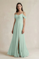Sage Off-the-Shoulder Chiffon A-Line Bridesmaid Dress | KISSBRIDAL