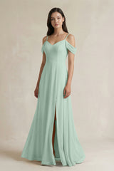 Sage Off-the-Shoulder Chiffon A-Line Bridesmaid Dress | KISSBRIDAL