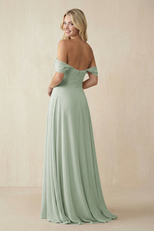 Sage Off-the-Shoulder Chiffon A-Line Long Bridesmaid Dress (2) | KISSBRIDAL