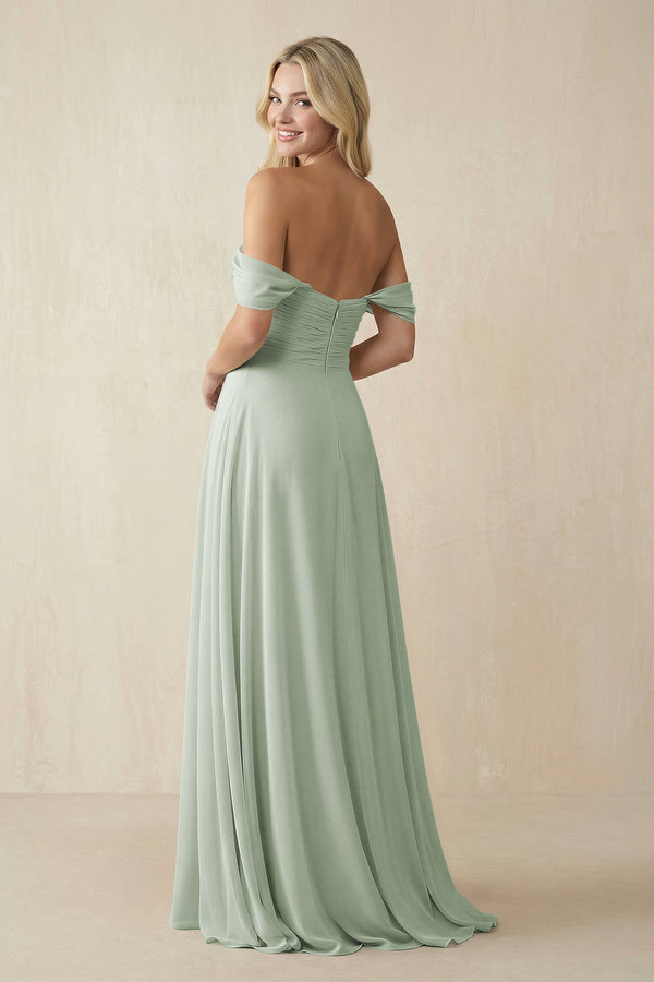 Sage Off-the-Shoulder Chiffon A-Line Long Bridesmaid Dress (2) | KISSBRIDAL
