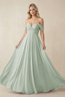 Sage Off-the-Shoulder Chiffon A-Line Long Bridesmaid Dress | KISSBRIDAL