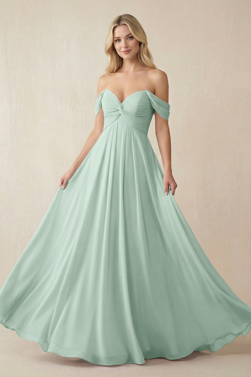 Off-the-Shoulder Chiffon A-Line Long Bridesmaid Dress in Sage