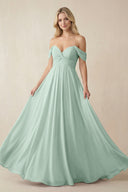 Sage Off-the-Shoulder Chiffon A-Line Long Bridesmaid Dress | KISSBRIDAL
