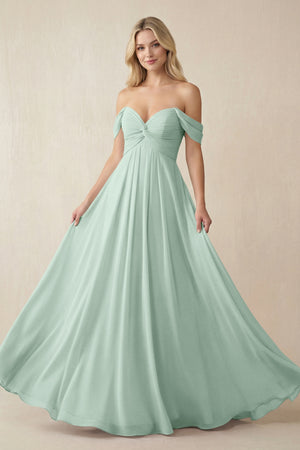 Sage Off-the-Shoulder Chiffon A-Line Long Bridesmaid Dress | KISSBRIDAL