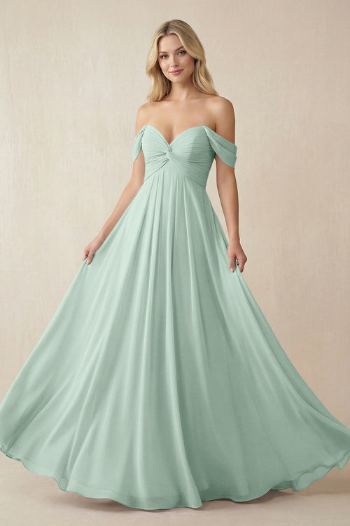 Sage Off-the-Shoulder Chiffon A-Line Long Bridesmaid Dress | KISSBRIDAL