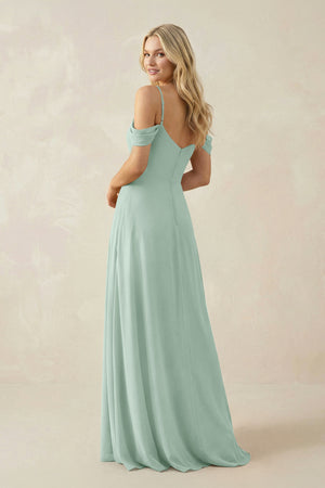 Sage Off-the-Shoulder Chiffon A-Line Maxi Bridesmaid Dress (2) | KISSBRIDAL