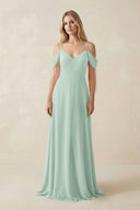 Sage Off-the-Shoulder Chiffon A-Line Maxi Bridesmaid Dress | KISSBRIDAL