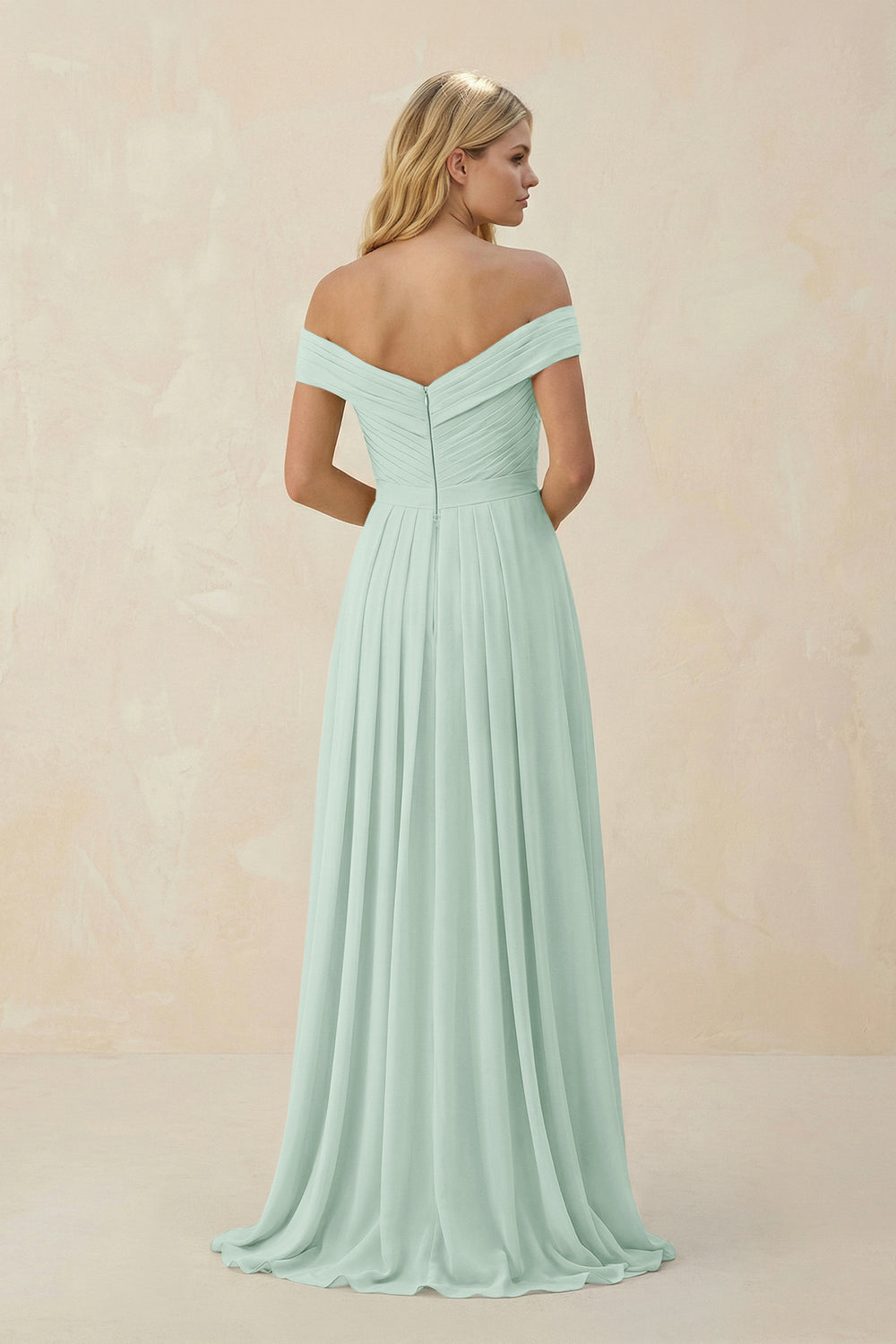 Off-the-Shoulder Pleated A-Line Chiffon Bridesmaid Dress in Sage