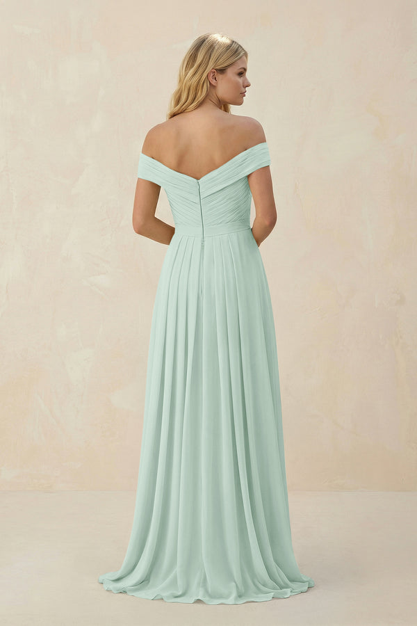 Sage Off-the-Shoulder Pleated A-Line Chiffon Bridesmaid Dress (2) | KISSBRIDAL