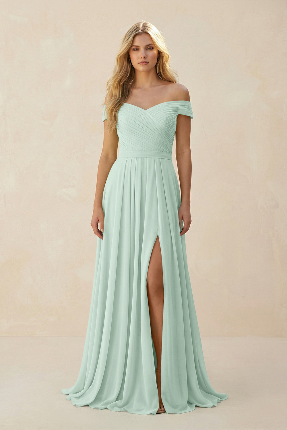 Off-the-Shoulder Pleated A-Line Chiffon Bridesmaid Dress in Sage
