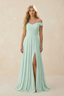 Sage Off-the-Shoulder Pleated A-Line Chiffon Bridesmaid Dress | KISSBRIDAL