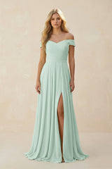 Sage Off-the-Shoulder Pleated A-Line Chiffon Bridesmaid Dress | KISSBRIDAL