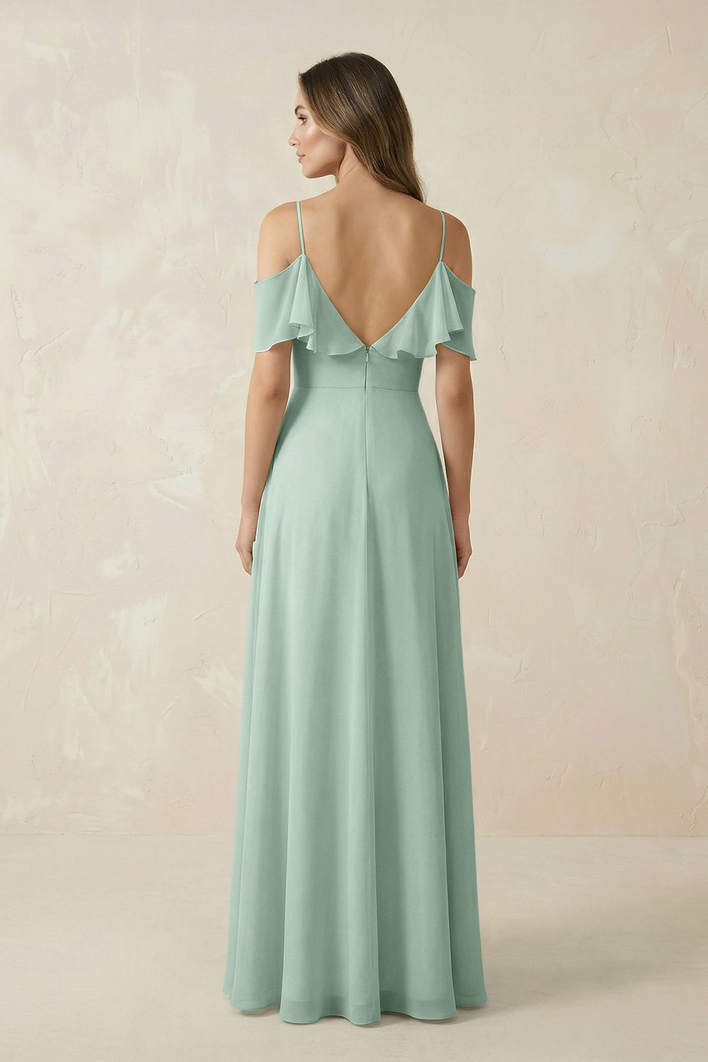 Off-the-Shoulder Ruffled A-Line Chiffon Bridesmaid Dress in Sage