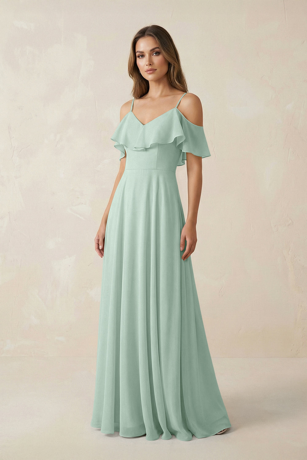 Off-the-Shoulder Ruffled A-Line Chiffon Bridesmaid Dress in Sage