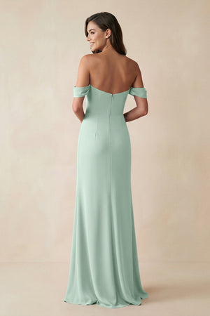 Sage Off-the-Shoulder Sheath Bridesmaid Dress with Slit (2) | KISSBRIDAL