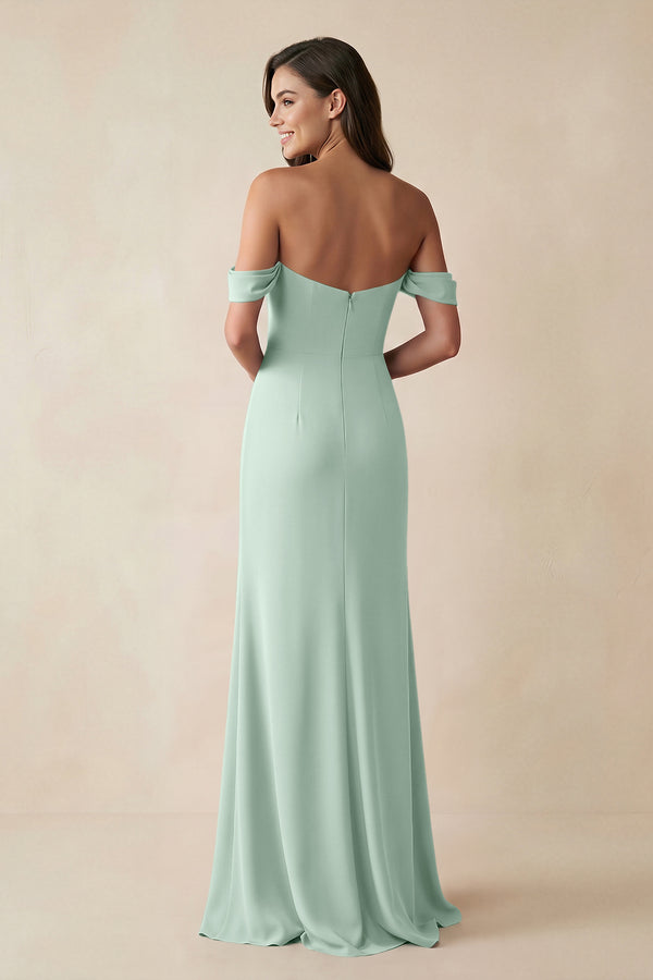 Sage Off-the-Shoulder Sheath Bridesmaid Dress with Slit (2) | KISSBRIDAL