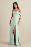 Sage Off-the-Shoulder Sheath Bridesmaid Dress with Slit | KISSBRIDAL