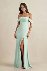 Sage Off-the-Shoulder Sheath Bridesmaid Dress with Slit | KISSBRIDAL