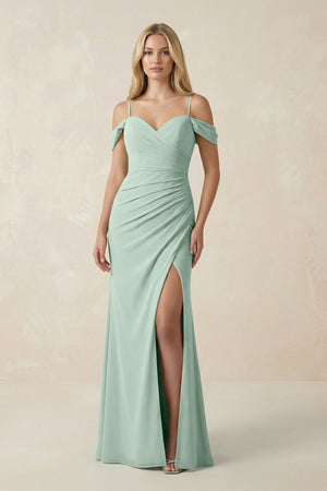 Sage Off-the-Shoulder Sheath Chiffon Ruched Bridesmaid Dress | KISSBRIDAL