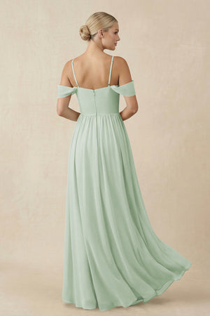 Sage Off-the-Shoulder Sweetheart A-Line Chiffon Bridesmaid Dress (2) | KISSBRIDAL