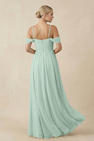 Sage Off-the-Shoulder Sweetheart A-Line Chiffon Bridesmaid Dress (2) | KISSBRIDAL