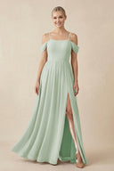 Sage Off-the-Shoulder Sweetheart A-Line Chiffon Bridesmaid Dress | KISSBRIDAL