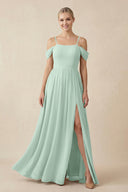 Sage Off-the-Shoulder Sweetheart A-Line Chiffon Bridesmaid Dress | KISSBRIDAL