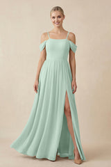Sage Off-the-Shoulder Sweetheart A-Line Chiffon Bridesmaid Dress | KISSBRIDAL