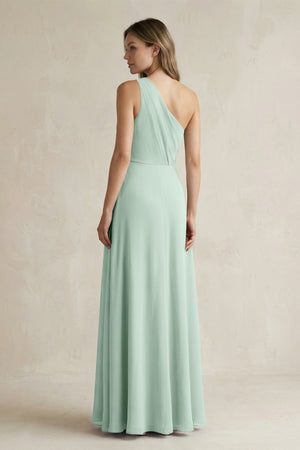 Sage One-Shoulder Chiffon A-Line Bridesmaid Dress With Slit (2) | KISSBRIDAL