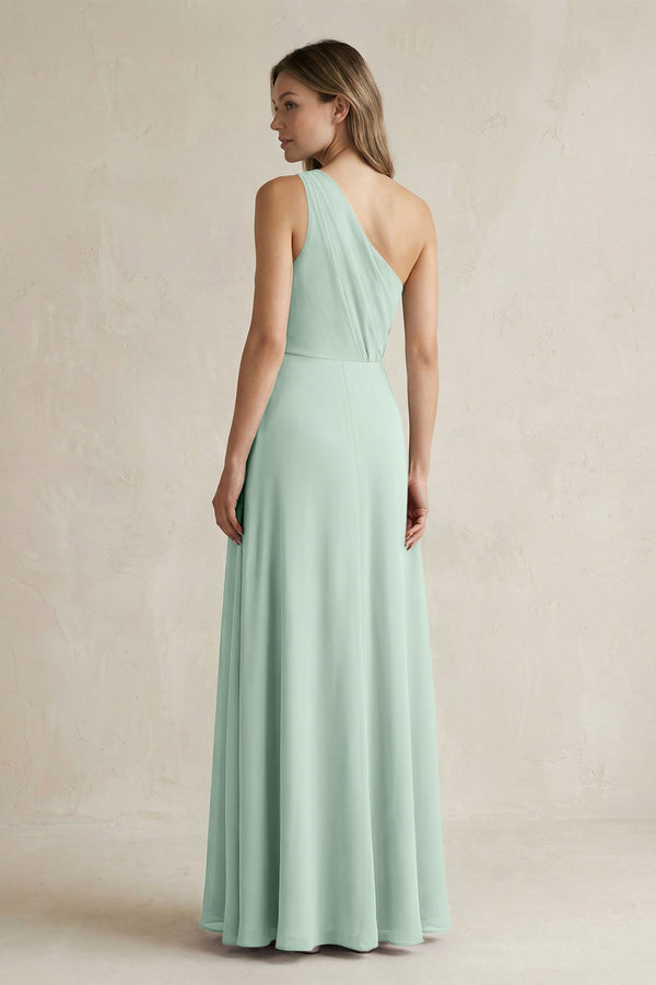Sage One-Shoulder Chiffon A-Line Bridesmaid Dress With Slit (2) | KISSBRIDAL