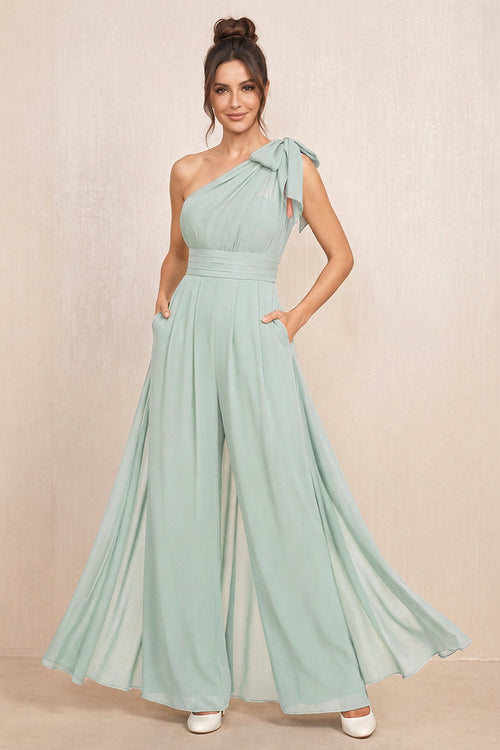 Sage One-Shoulder Chiffon Mother of the Bride Jumpsuits | KISSBRIDAL