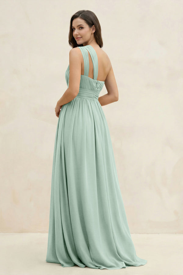 Sage One-Shoulder Pleated A-Line Chiffon Bridesmaid Dress (2) | KISSBRIDAL