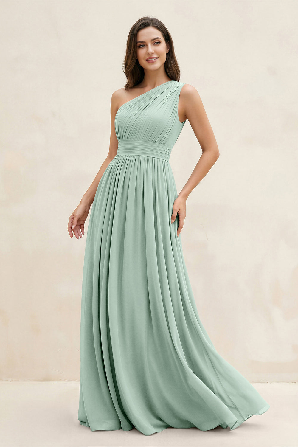 One-Shoulder Pleated A-Line Chiffon Bridesmaid Dress in Sage