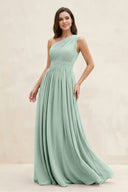 Sage One-Shoulder Pleated A-Line Chiffon Bridesmaid Dress | KISSBRIDAL