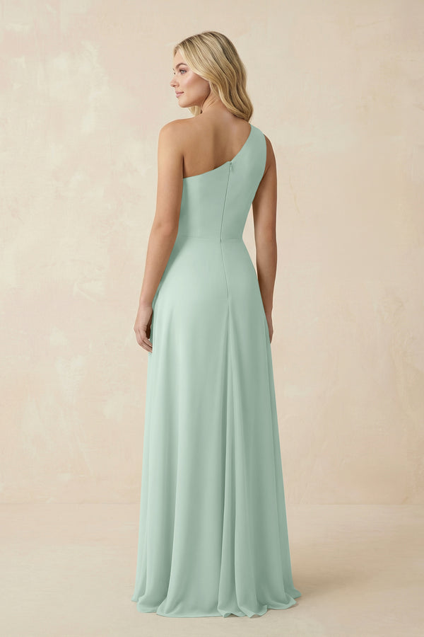 Sage One-Shoulder Ruched A-Line Chiffon Bridesmaid Dress (2) | KISSBRIDAL