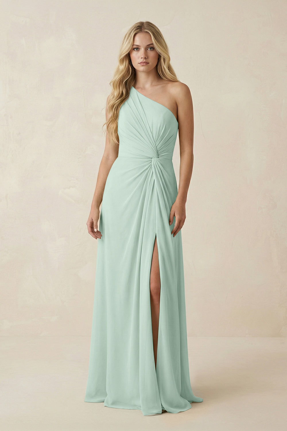 One-Shoulder Ruched A-Line Chiffon Bridesmaid Dress in Sage