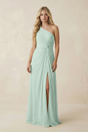 Sage One-Shoulder Ruched A-Line Chiffon Bridesmaid Dress | KISSBRIDAL