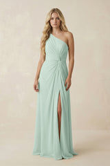 Sage One-Shoulder Ruched A-Line Chiffon Bridesmaid Dress | KISSBRIDAL